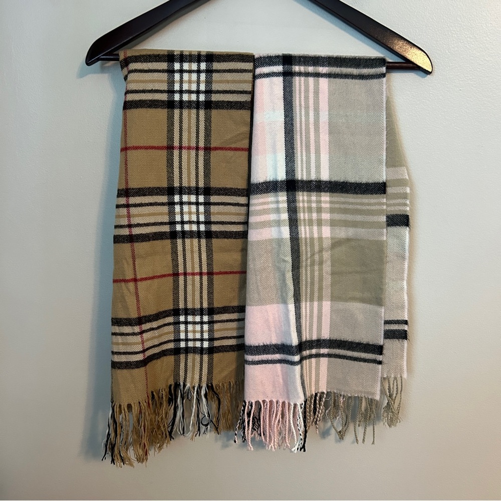 Plaid Fringe Scarves Set of 2 tan pink black red white classic cozy Casual Soft